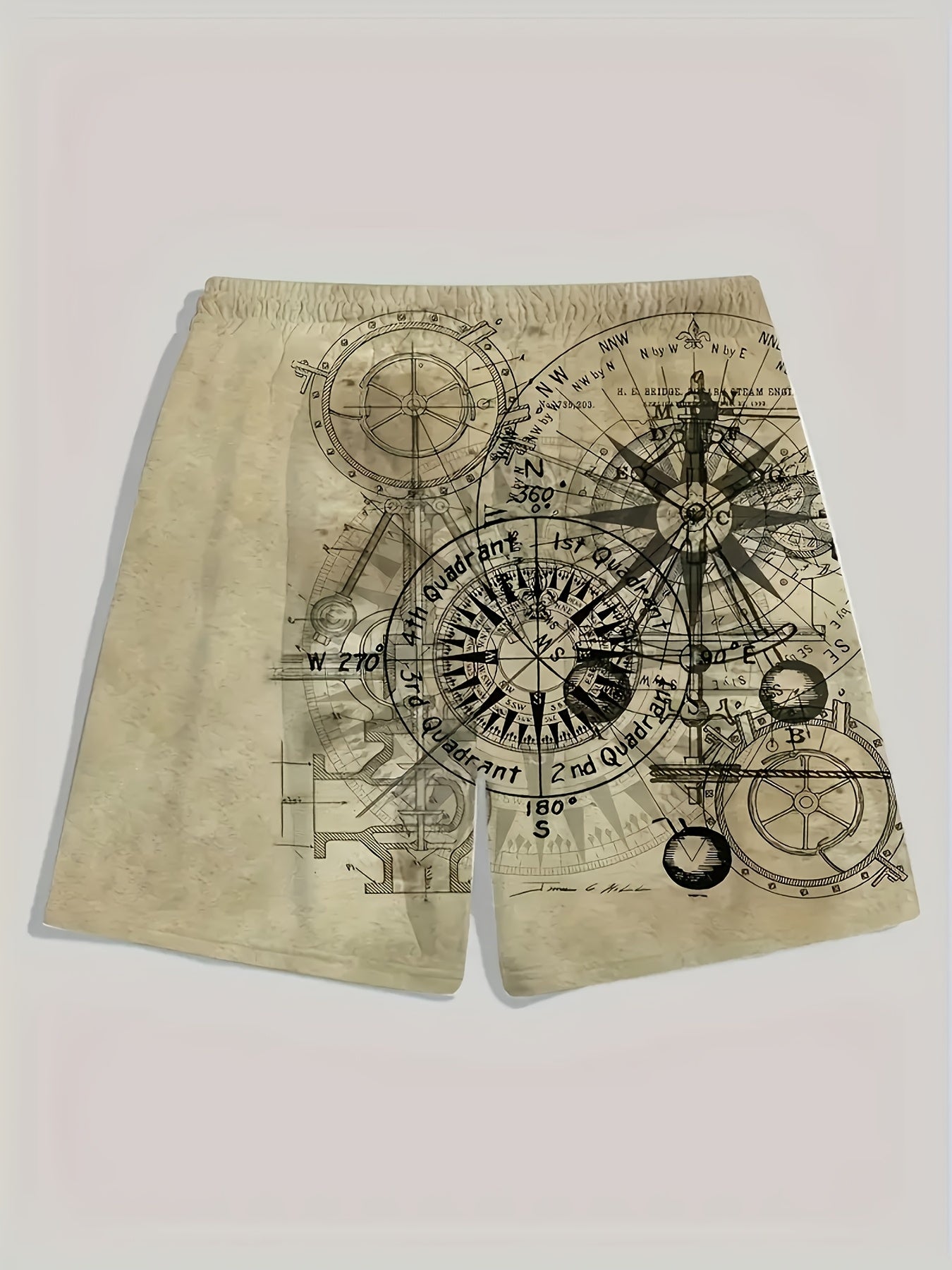Men's Vintage Nautical Quick-Dry Shorts - Compass & Sailing Charts Design, Ideal for Summer Water Sports, Beach, and Surfing, Lightweight Polyester Fabric with Drawstring Waist