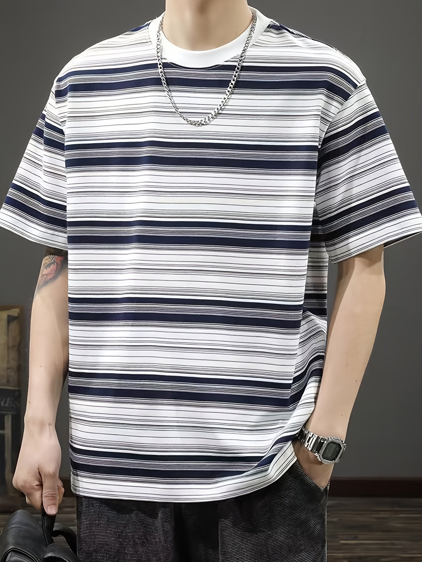 Men'S Summer Casual Striped T-Shirt, Crew Neck, Loose Fit, Polyester 95% Spandex 5%, Medium Stretch Knit Fabric, 180gsm - Fashionable Tee for Men