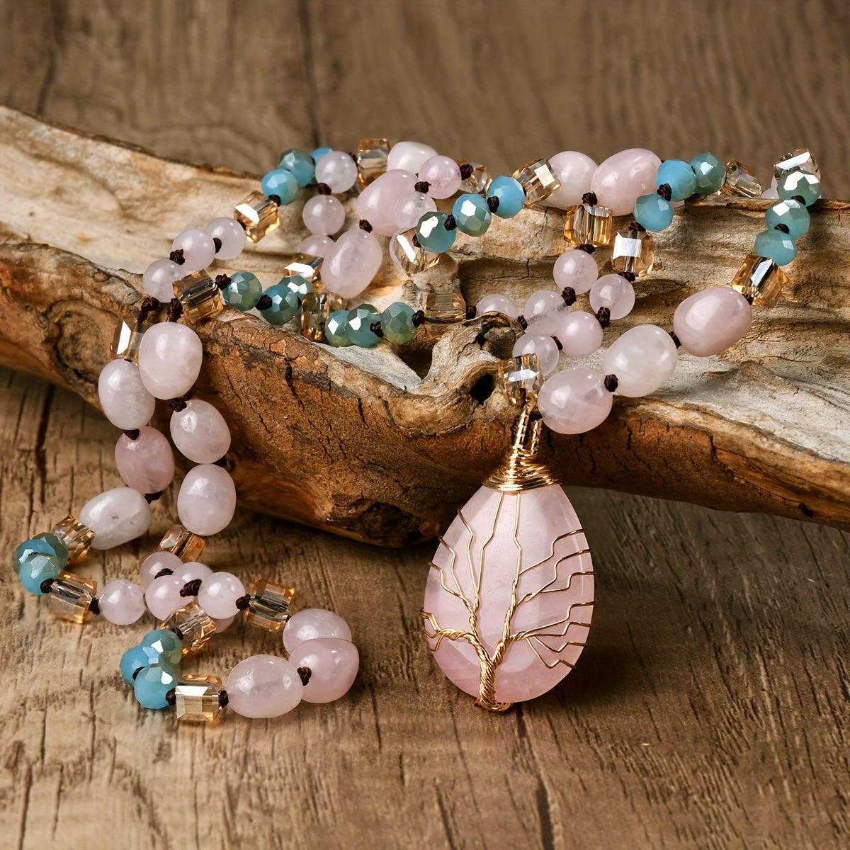 A Long Necklace Made of Natural Pink Crystal with a Teardrop Pendant, Featuring a Bohemian Vintage Style, Perfect for Everyday Wear, Vacations, And As a Gift for Friends Or Loved Ones. It'S a Crystal.