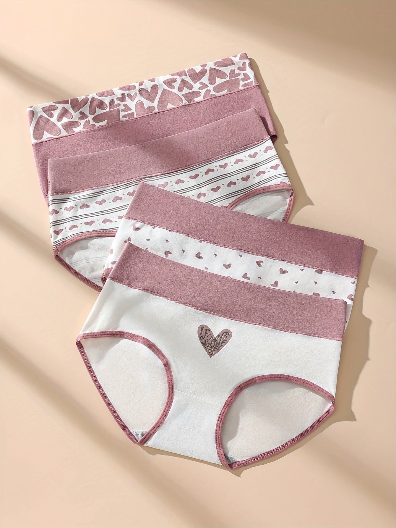 4pcs Women'S Briefs with Heart Print - High Waist, Soft & Breathable, Elastic Waistband, Comfortable Underwear for Autumn and Winter, Autumn Underwear | Heart Print Briefs | Comfortable Fit