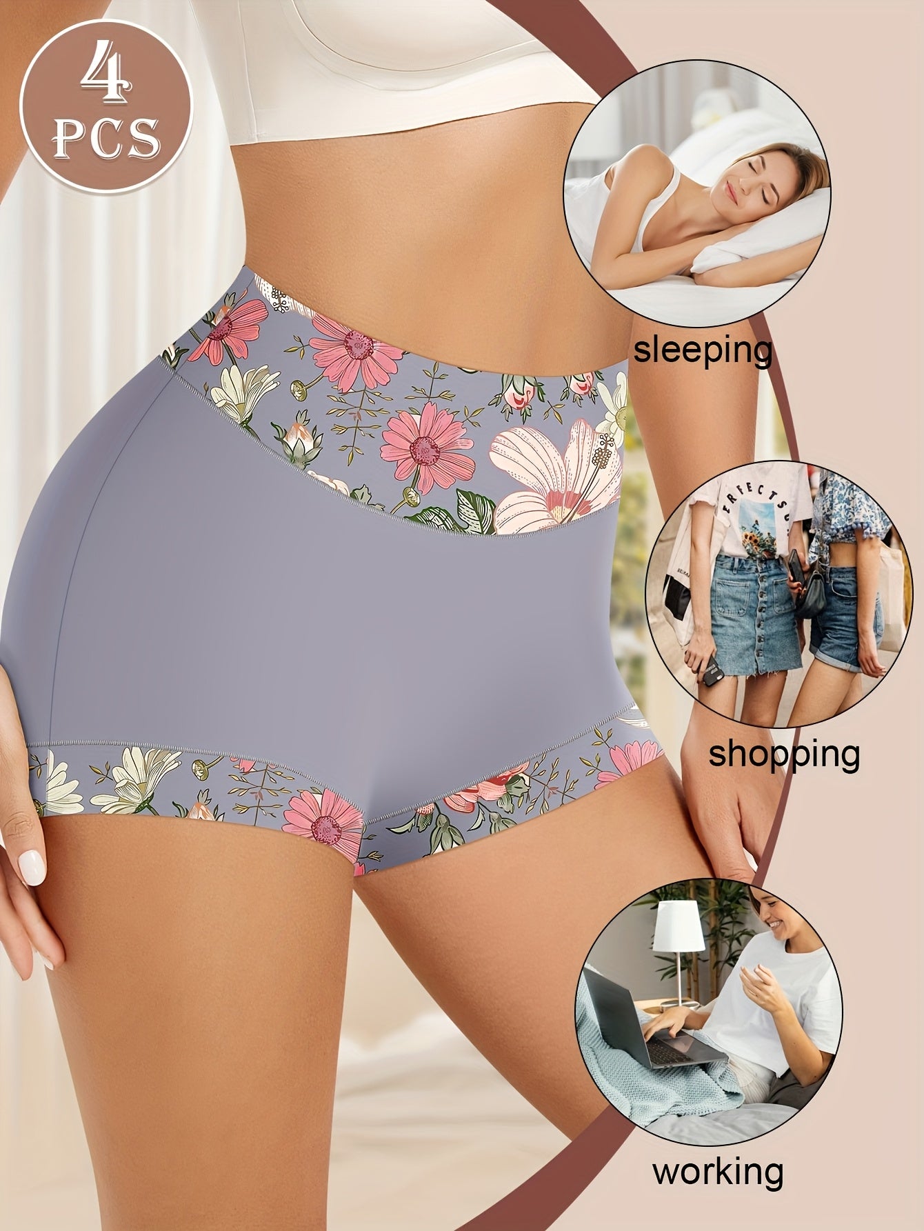 4-Pack MEIYATING Women's High-Waisted Briefs - Floral Print Soft Breathable Underwear, S-XXL Sizes, Elegant Comfort for Everyday & Special Occasions, Cute Underwear, Comfortable Lingerie, Cute Floral Underwear, Highquality Underwear