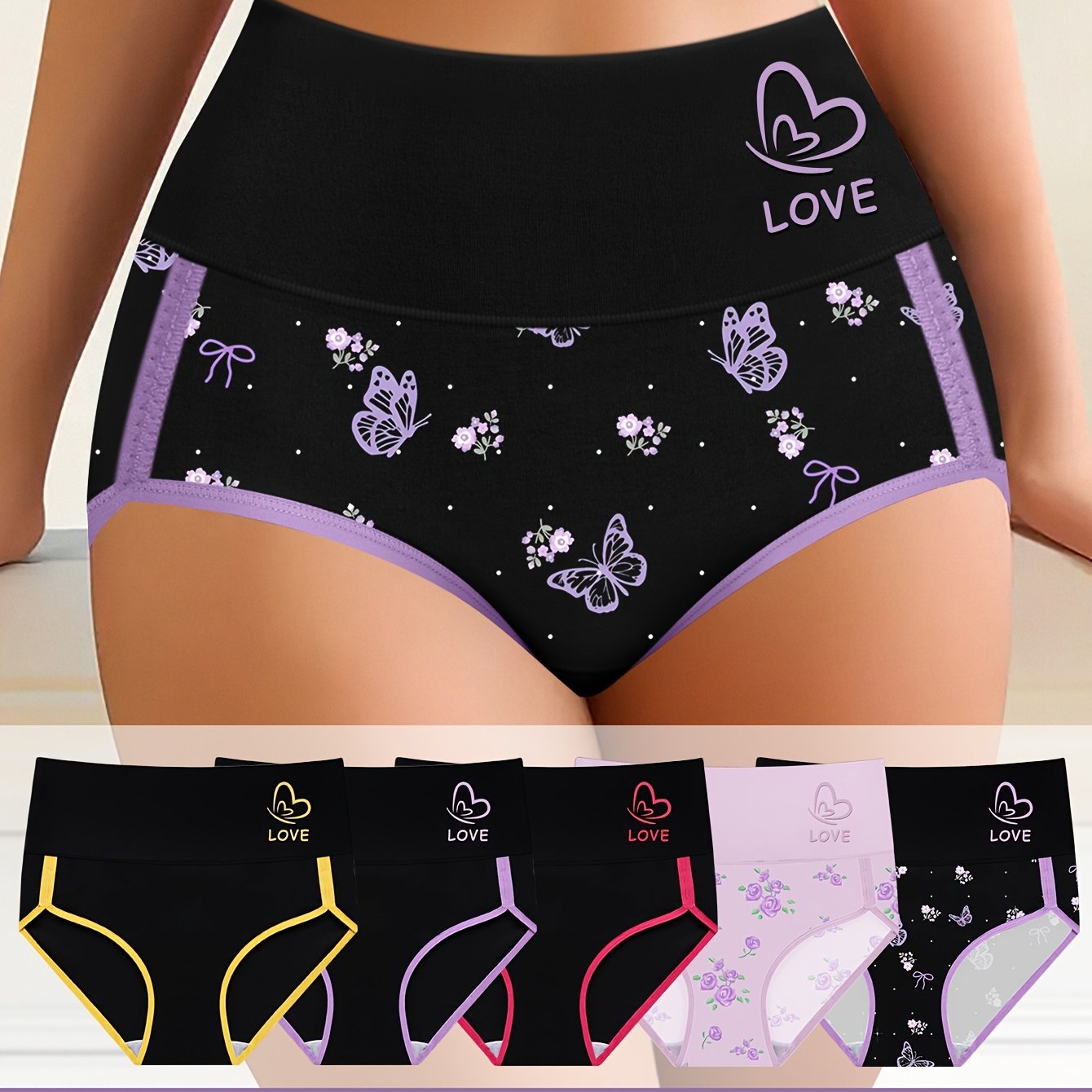 5-Pack Large Size Women'S Underwear, Mid-Rise Panties, Color-Blocking, Tummy Control