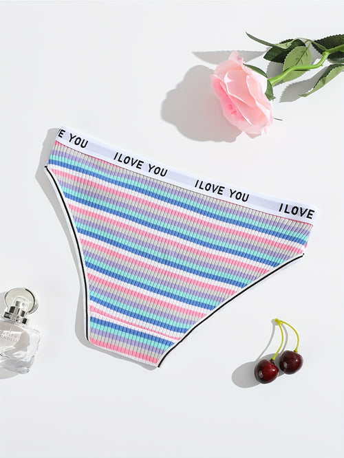 10-Pack Women's Cotton Briefs - Elastic Rainbow Stripe Pattern, Comfortable Ribbed Waistband, Simple Style Knit Fabric Underwear
