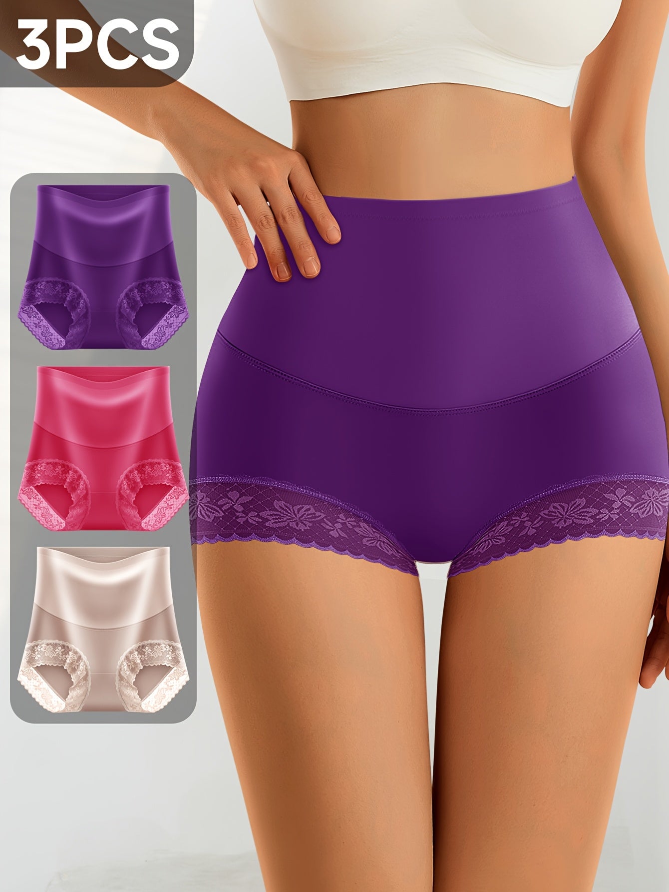 3pcs Women's High-Waist Tummy Control Light Beige Lace Underwear Set